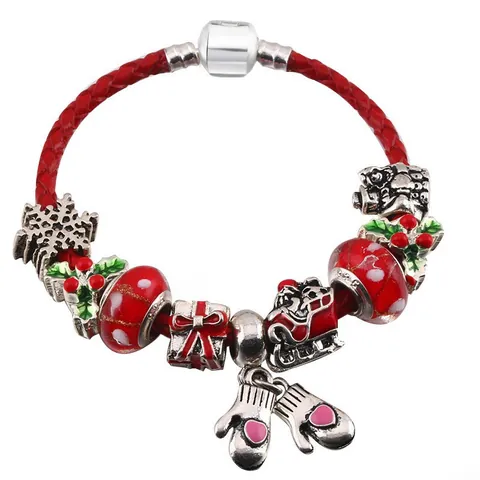 Christmas Red Braided Leather Charm Bracelet For Women Alloy Silver Plated Santa Claus Snowflake Tree Beads Festive Jewelry Gift