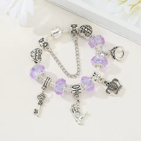 Luxury Alloy Charm Bracelet Rhinestone Crown Key Heart Pendants Faceted Crystal Beads Jewelry Mother's Day Gift For Women