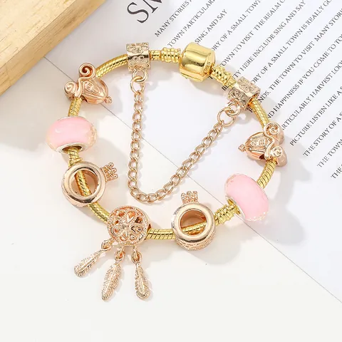 Bracciale Charm in Lega Placcato Oro Donna Perle di Vetro Rosa Cuore Corona Carrozza di Zucca Ciondolo Acchiappasogni Regalo