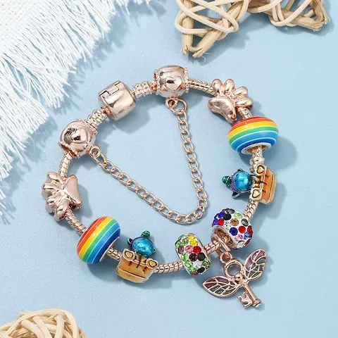 Women DIY Charm Bracelet Rose Gold Plated Alloy Multicolor Unicorn Heart Key Pendant Snake Chain Bracelet For Girls Kids Jewelry
