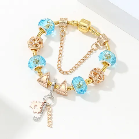 Canada Theme Gold Plated Alloy Charm Bracelet Blue Faceted Glass Beads Maple Leaf Ice Hockey Stick Pendant Jewelry For Women