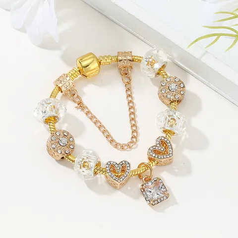 Luxury Gold Plated Alloy Snake Chain Bracelet With Sparkling Heart And Square Crystal Charms Fashion Jewelry Gift For Women