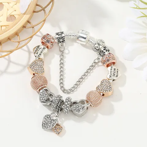 Westliche Legierung Herz Anhänger Perlenarmband Mit Mamma Mum Beschriftung Schlange Kette Damen Muttertag Schmuck Geschenk