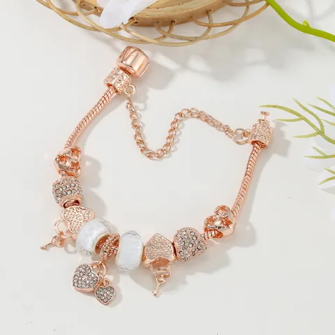 Rose Gold DIY Charm Bracelet With Heart Star Key Pendants Snake Chain Romantic Fashion Women Jewelry Souvenir Gift
