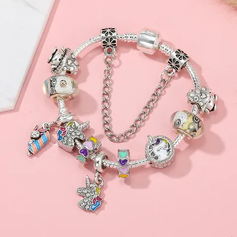Kids Girls Colorful Unicorn Beaded Charm Bracelet Alloy Enamel Heart Rabbit Pendant DIY Snake Chain Jewelry Gift For Daughter