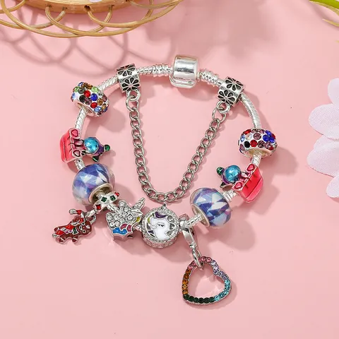 Pulsera con Charms DIY para Mujer Niños Multicolor Unicornio Corazón Colgante Aleación Strass Esmalte Cuentas Cadena de Serpiente Joyería