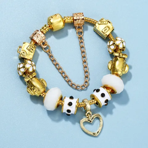 Pulsera de Amuletos de Cuentas DIY para Mujer en Aleación Bañada en Oro Con Colgante de Corazón Avión París Casa Dijes Cadena de Serpiente