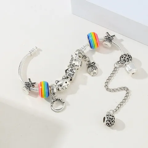 DIY Charm Bracelet For Women Girls Alloy Snake Chain With Rainbow Beads Crown Cat House Pendant Fashion Jewelry Gift