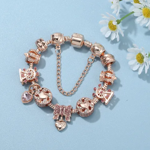Romantic Rose Gold Ferris Wheel Heart Crown Charm Bracelet Alloy Zirconia Inlaid Snake Chain Bracelet Jewelry For Women Valentine Gift