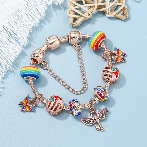 DIY Charm Bracelet For Women Rose Gold Butterfly Key Pendant Colorful Rainbow Beads Snake Chain Fashion Jewelry Gift