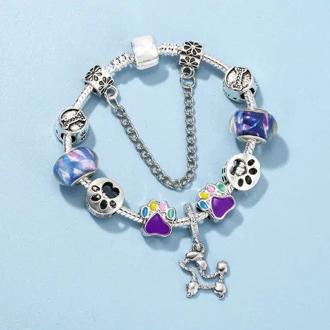 Cute Cartoon Dog Paw Poodle Pendant DIY Charm Bracelet Purple Blue Glass Beads Silver Plated Snake Chain Fashion Jewelry For Women Girls
