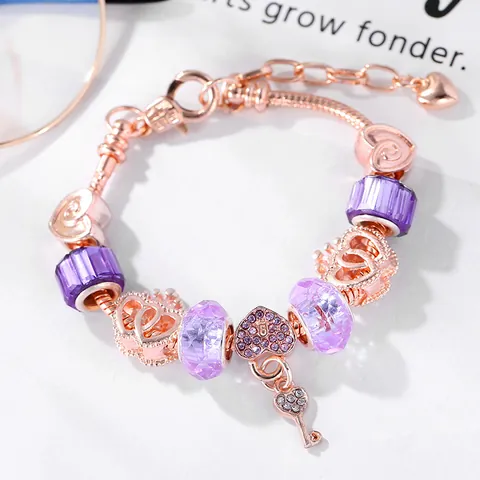 Pulsera de Cuentas de Cristal Púrpura de Aleación Chapada en Oro Rosa Con Colgante de Llave de Corazón Pulsera de Cadena de Serpiente para Joyería de Mujer Regalo