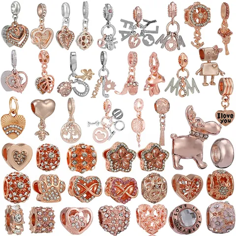 DIY Jewelry Charms For Bracelets Rose Gold Silver Plated Alloy Rhinestone Heart Flower Letter Pendant Beads Jewelry Making Women Gifts