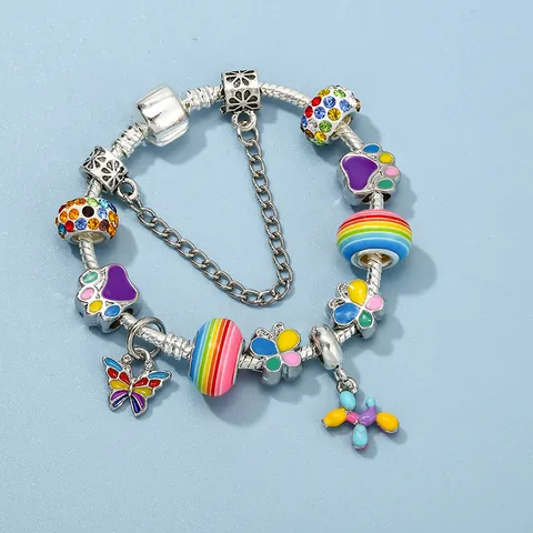 Women Colorful DIY Charm Bracelet Enamel Balloon Dog Butterfly Heart Pendant Alloy Snake Chain With Safety Chain Jewelry