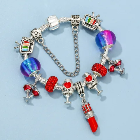 Bracelet Charm DIY Saint-Valentin Romantique Alliage Plaqué Argent Pendants Rouge à Lèvres Verre à Vin TV Bijoux