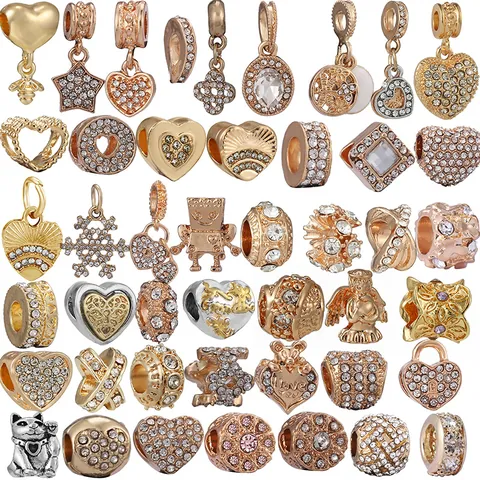 Gold Rose Gold Large Hole Beads Charms Rhinestone Heart Star Bee Flower Shape DIY Bracelet Jewelry Alloy Zirconia Beads