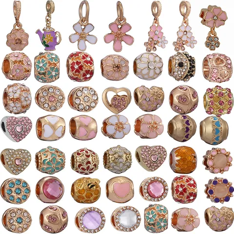 DIY Charms For Bracelet Rose Gold Plated Alloy Beads With Enamel Flower Heart Rhinestone Pendant Jewelry Accessories For Women