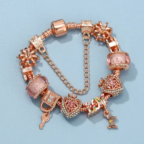 Roségold DIY Charm Armband Mit Rosa Glasperlen Herz Krone Schlüssel Anhänger Schlangenknochenkette Für Damen Romantischer Schmuck