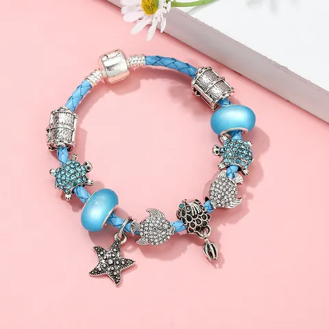 Women Ocean Theme Beaded Charm Bracelet Blue Leather Braided Bracelet With Turtle Sea Star Shell Charms Summer Beach Jewelry Gift