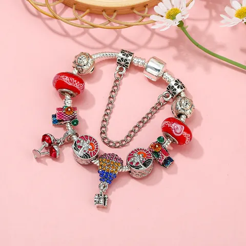 Damen Rot Glasperle Charm Armband Legierung Versilbert Schlangenkette Mit Heißluftballon Herz Anhänger Täglich Mode Schmuck