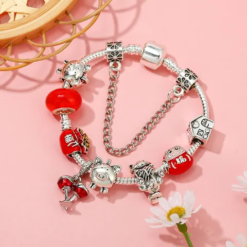 Luxury Alloy Red Enamel Lucky Bag Beads Bracelet With Silver Tone Snake Chain Heart Charms Jewelry For Women Gift