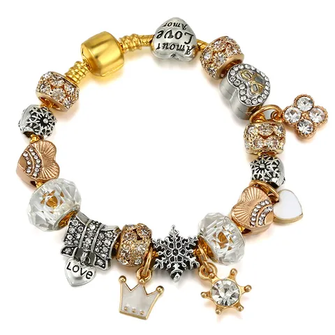 Luxury Alloy Rhinestone Snake Chain Bracelet With Heart Crown Star Charms Beaded Jewelry For Women Unisex Gift Decoration
