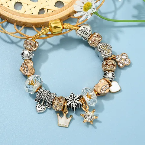 Luxury Alloy Rhinestone Snake Chain Bracelet With Heart Crown Star Charms Beaded Jewelry For Women Unisex Gift Decoration