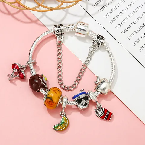 Bracelet à Breloques en Alliage Émaillé Luxury Vacation Avec Perles Verre à Vin Citron Frites Cœur Bijoux DIY pour Femme