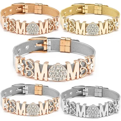 Damen Verstellbares Edelstahl Maschenarmband Mit MOM Herz Strass Charms Roségold Silber Gold Schmuck Geschenk