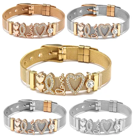 Verstelbare Roestvrijstalen Mesh Armband Met Kristallen Hart Liefde Charms Valentijnsdag Sieraden Cadeau Voor Vrouwen