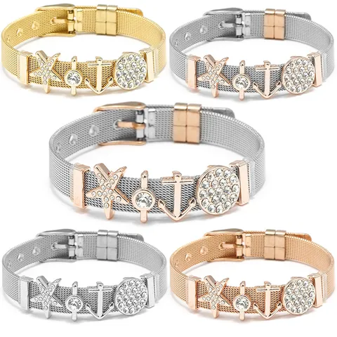 Adjustable Stainless Steel Mesh Watch Band Bracelet For Women Ocean Starfish Anchor Charms Rhinestone Fashion Jewelry