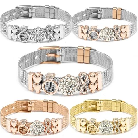 Adjustable Stainless Steel Mesh Bracelet For Women With Rhinestone Heart Infinity Ring Slider Charms Watch Band Style Jewelry
