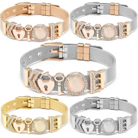 Adjustable Stainless Steel Mesh Bracelet With Heart Lock Key Charms Milanese Watch Band Style Jewelry For Women