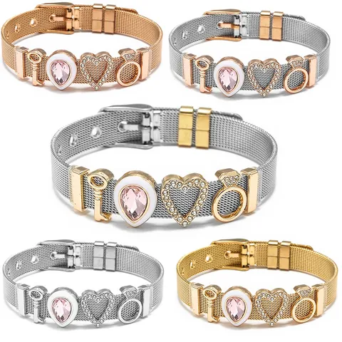 Verstellbares Edelstahl Maschenband Charme Armband Für Damen Herz Schlüssel Strass Anhänger Mode Schmuck Geschenk