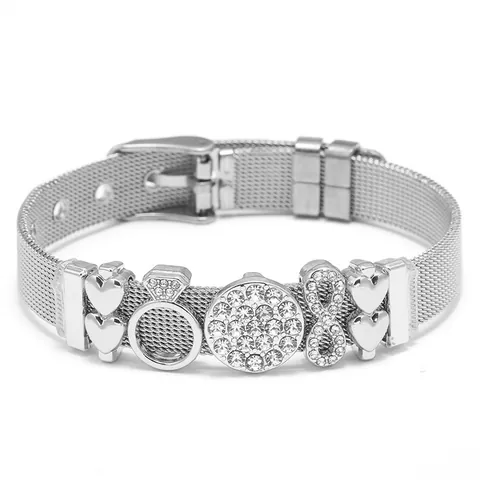 Adjustable Stainless Steel Mesh Bracelet For Women With Rhinestone Heart Infinity Ring Slider Charms Watch Band Style Jewelry