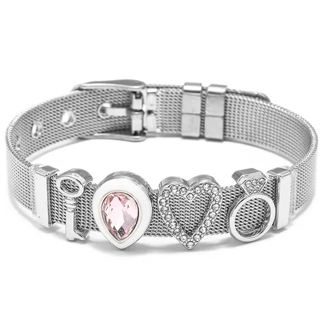 Verstellbares Edelstahl Maschenband Charme Armband Für Damen Herz Schlüssel Strass Anhänger Mode Schmuck Geschenk