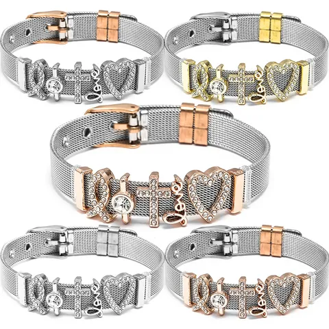 Adjustable Stainless Steel Mesh Watch Band Bracelet For Women Men Rhinestone Heart Cross Love Charms Fashion Jewelry Gift