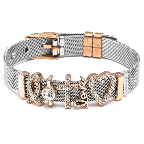 Adjustable Stainless Steel Mesh Watch Band Bracelet For Women Men Rhinestone Heart Cross Love Charms Fashion Jewelry Gift