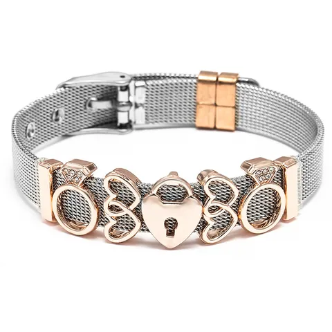 Bracelet en Maille d'Acier Inoxydable Pendentifs Cadenas Cœur et Anneau Ajustable Bijoux Cadeau