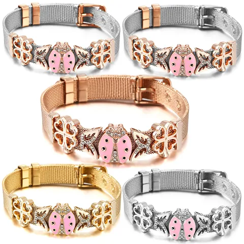 Edelstahl Geflecht Armband Mit Rosa Emaille Marienkäfer Schmetterling Vierblättriges Kleeblatt Anhänger Für Damen Mode Schmuck