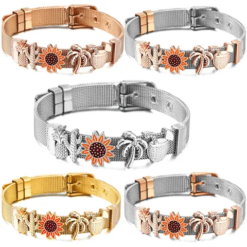 Edelstahl Netzband Charms Armband Für Damen Herren Tropisch Kaktus Ananas Sonnenblume Emaille Verstellbar Schmuck Geschenk