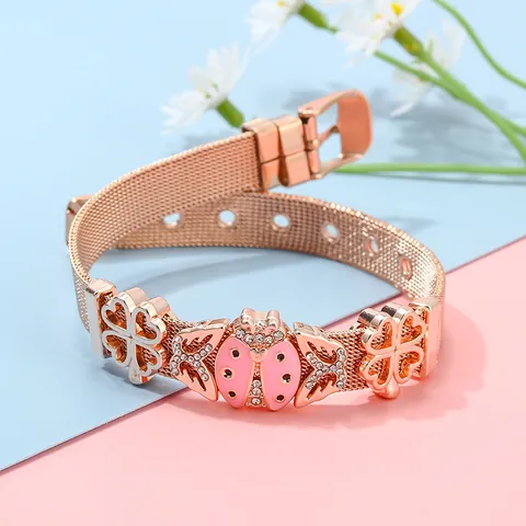 Edelstahl Geflecht Armband Mit Rosa Emaille Marienkäfer Schmetterling Vierblättriges Kleeblatt Anhänger Für Damen Mode Schmuck