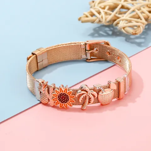 Edelstahl Netzband Charms Armband Für Damen Herren Tropisch Kaktus Ananas Sonnenblume Emaille Verstellbar Schmuck Geschenk