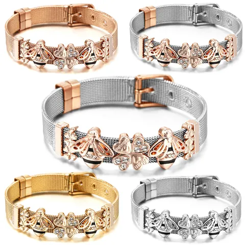 Damen Edelstahl Mesh Armband Mit Biene Kleeblatt MUM Charms Gold Roségold Strass Verstellbares Charm Armband Schmuck Geschenk