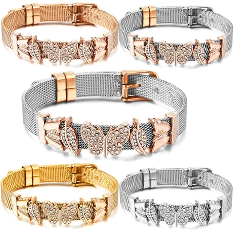 Mode Edelstahl Netzgewebe Armband Für Damen Legierung Schmetterling Blatt Charms Eingelegt Zirkonia Uhrenstil Schnalle Verstellbar Schmuck Geschenk