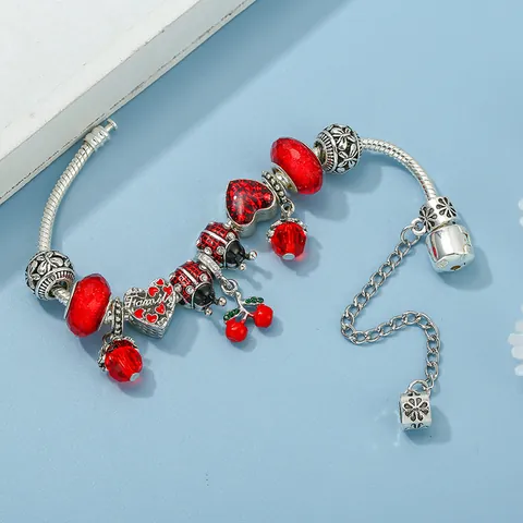 Red Cherry Ladybug Charm Bracelet Silver Plated Snake Chain Heart Beads Enamel Fruit Animal Elegant Jewelry For Women Gift