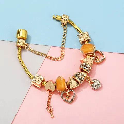 Vintage Gold Plated Alloy Charm Bracelet Hollow Heart Gift Box Pendant Orange Glass Beads DIY Jewelry For Women Gift