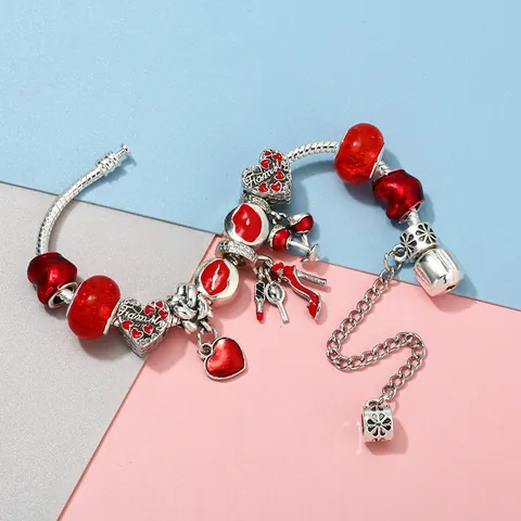 Bracelet Charme Cœur En Émail Rouge Pour Femmes Chaîne Serpent Argentée Avec Perles Rouge À Lèvres Talons Hauts Verre À Vin Bijoux