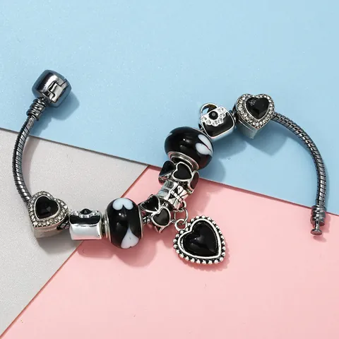 Heart Pendant Sparkling Diamond Charm Bracelet For Women Silver Plated Snake Chain With Enamel Beads DIY Fashion Jewelry Gift