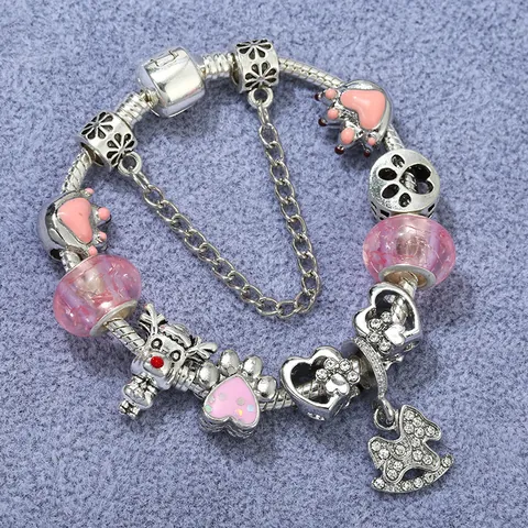 Schöne DIY Charm Armband Rosa Glasperlen Legierung Herz Rentier Schaukelpferd Anhänger Silber Schlangenkette Armband Für Mädchen Damen